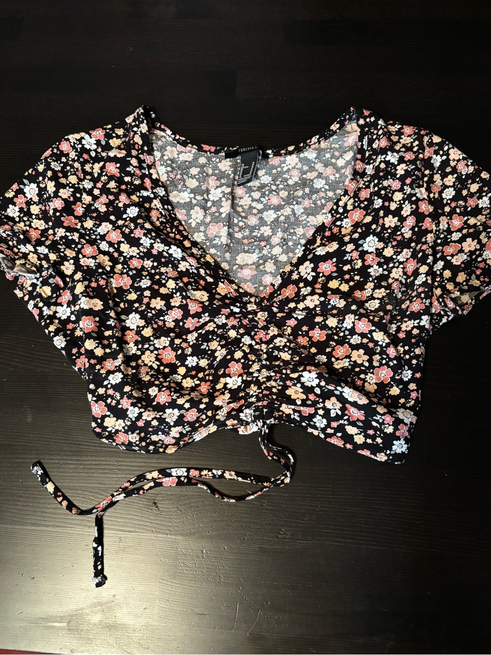 Forever 21 Black Floral Drawstring Crop Top